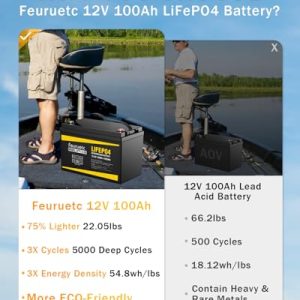 Feuruetc 4 Pack 12V 100Ah Lithium LiFePO4 Battery, Built-in 100A BMS, 1280Wh Energy Storage, Iron Phosphate 15000 Deep Cycles Battery for RV, Solar, Trolling Motor