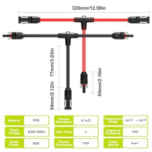 JXMXRPV Solar Connector T/Y Branch Parallel Adapter Cable (10AWG), 4 Pairs Tool-Free 1 to 2 Solar Panel Connectors Extension Cable Plug Tool Wire Kit for Solar Panels (4 Pair M/FF and F/MM)