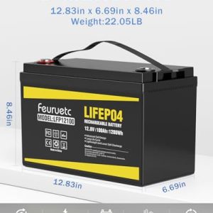 Feuruetc 4 Pack 12V 100Ah Lithium LiFePO4 Battery, Built-in 100A BMS, 1280Wh Energy Storage, Iron Phosphate 15000 Deep Cycles Battery for RV, Solar, Trolling Motor