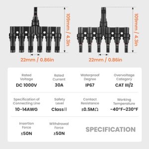 Pjerjzn Solar Panel Connector Solar 6 to 1 Y Branch Solar Panel Splitter 6 Way 1000V Solar Y Branch Solar Panel Parallel Connectors for Parallel Connection Solar Panels (1 Pair 6 to 1)