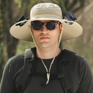 Outdoor Wide Brim Sun Hat with 2 Solar Fan Sun Bucket Hat for Men Women UPF 50+ Bucket Fishing & Beach Hat with Fan Built in (Nylon, A Khaki)