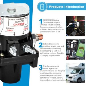 0100055000 Battery Disconnect Relay-12V/100AMP, includes Fuses and Screws. Part Number: 0100055000, 01-00055-000, Latching Relay 12v