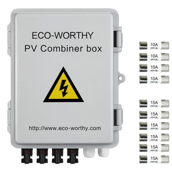 ECO-WORTHY 4 String PV Combiner Box with 10A Rated Current Fuse and Six 15A Replacement Fuses, Lightning Arreste and Circuit Breakers for On/Off Grid Solar Panel System