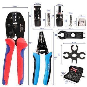 Solsop Solar Crimping Tool Kit for Solar Panel Cable 14-10 AWG with Wire Stripper, 10 Pairs Connectors, 2 Pair Solar Connector Spanner Wrench