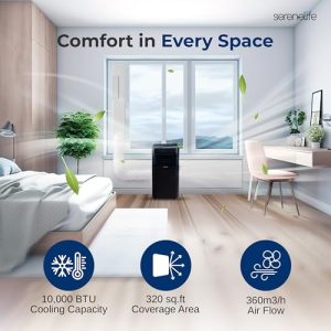 SereneLife SLPAC19B Portable 10000 BTU-3-in-1 Compact Standing Air Conditioner for Room Up to 320 Sq. Ft. -Floor AC Unit with Remote Control-Universal Casters, Window Mount Kit, Black