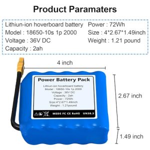 CWUU 36V 2Ah Hoverboard Battery Replacement, Rechargeable L￵i￵-i￵on Battery Pack for Hoverboards, Compatible with 36V Hoverboard Models, 10S1P, 4 x 2.67 x 1.49 inches