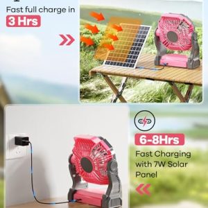 Art In Real 10400mAh Solar Fan, Camping Fan with 7W Solar Panel, Rechargeable Solar Powered Fan with LED Lantern,Portable Battery Operated Fan for Travel Picnic, Barbecue, Fishing,Outdoor＆Indoor