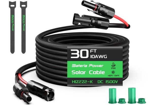 30FT Twin Wire Solar Panel Extension Cable, 10 Gauge PV Wire with IP68 Female & Male Waterproof Connectors, Flame Retardant Protective Sleeving and Dust Caps for Home, RV, Photovoltaic Systems