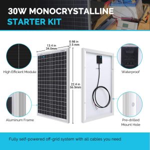 Renogy 30 Watt 12V Panel 5A PWM Charge Controller, SAE Connection Cables, Ring, Alligator Clips CIG Connectors for RV Marine Off-Grid System, 30W Solar Kit