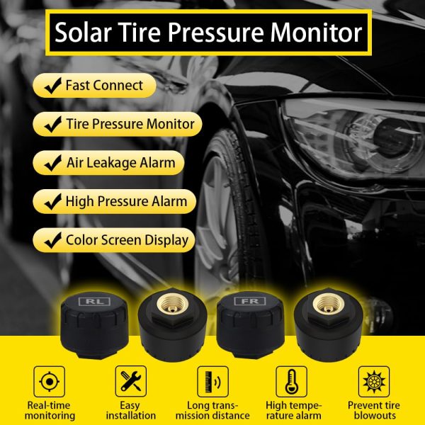 Tire Pressure Monitoring System Wireless TPMS Tire Pressure Monitor System with 4 External Sensors & 5 Alarm Modes, LCD Real-time Display, Auto Sleep Mode, Easy to Install, Solar & USB Charge