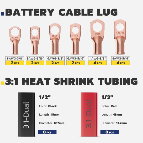 haisstronica Battery Cable Crimper Tool Kit for 8, 6, 4, 2, 1, 1/0 AWG Battery Terminals,Longer Handle Lug Crimping Tool with Cable Cutters and 32PCS Heavy Duty Wire Lugs,Heat Shrink Tubing