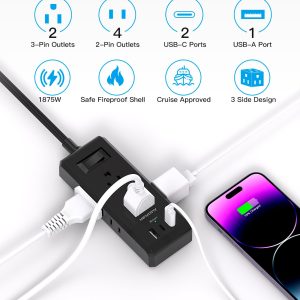 Cruise Essentials, Flat Plug Power Strip, 5ft Ultra Flat Extension Cord - 6 Outlets 3 USB Ports (2 USB C) Desktop Charging Station, No Surge Protection for Travel, Dorm Room Essentials, Black