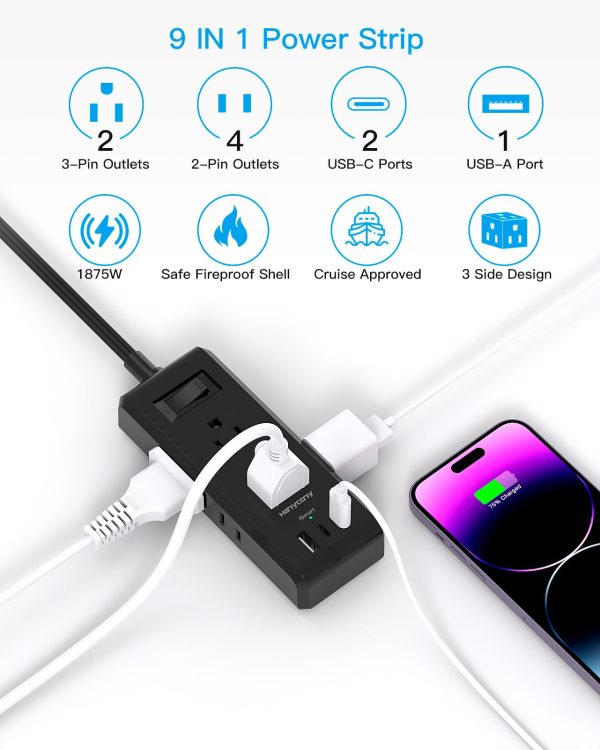 Cruise Essentials, Flat Plug Power Strip, 5ft Ultra Flat Extension Cord - 6 Outlets 3 USB Ports (2 USB C) Desktop Charging Station, No Surge Protection for Travel, Dorm Room Essentials, Black