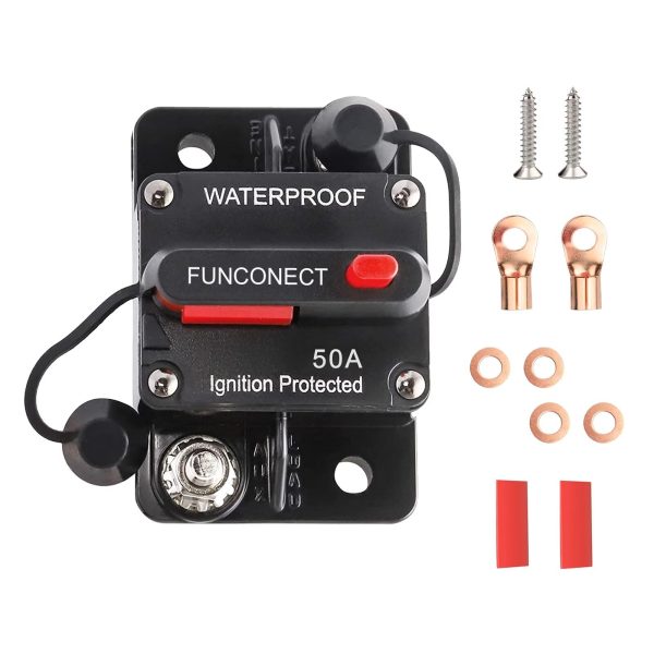 50 Amp Circuit Breaker, Fuse Inverter with Manual Reset Switch for Marine Trolling Motors, Marine Trailers, Car Audio, Solar Power, Fuses, Waterproof DC 12V-24V