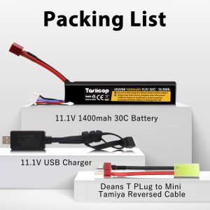 Tosiicop 11.1V Airsoft Battery 1400mAh - Lipo Batteries 30C Deans & XH-4P Connector with T Plug to Mini Tamiya Conversion Cable Rechargeable USB Charger for Airsoft Model Rifle Gel Blaster Accessories