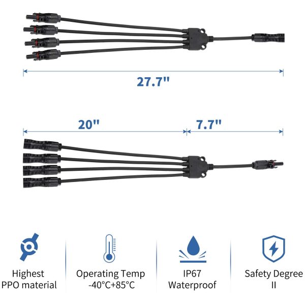 Ansxiy Solar Y Branch Connectors 1 to 4, Solar Panel Parallel Connectors Solar Panel Adapter Cable Tool Kit (M/FFFF and F/MMMM)