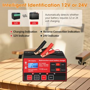 Car Battery Charger, Outerman 12V 24V Lead-Acid Battery Charger LCD Display Automatic Smart Battery Maintainer with Pulse Repair for Motorbike, Car, Boat, Lawn Mower (Red Black)