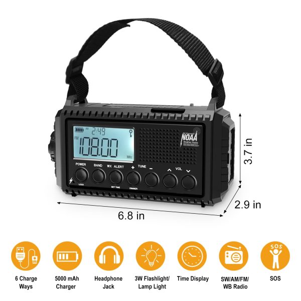 Weather Radio Raynic Solar Hand Crank Emergency Radio 5 Ways Powered AM/FM/SW/NOAA Weather Alert Portable Radio with Flashlight, Reading Lamp (Black-LCD Display)