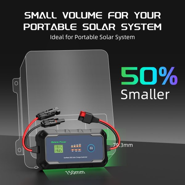 30A Solar Charge Controller 12V 24V, Bateria Power PWM Intelligent Plug and Play Portable Solar Regulator, LCD Display for Solar Panels Compatible with LFP AGM SLD FLA, for RV, Off-Gird (SunRock 30E)