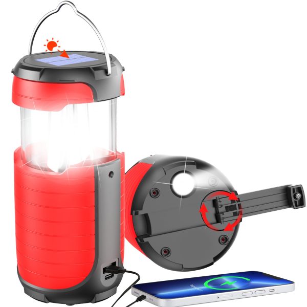 Battery Operated Camping Light Rechargeable, Manual Crank Generator/Solar Panel/USB-C Charging, 5000mAh Power Bank Foldable LED Tent Light, Power Outage, Outdoor Emergency Survival Essentials (Red)