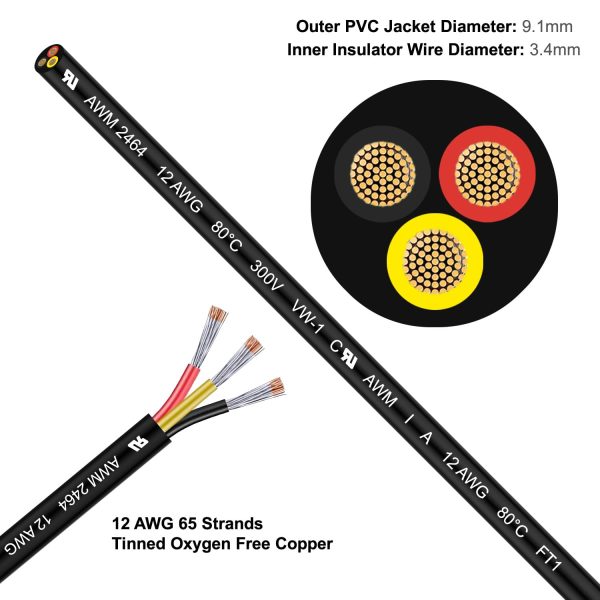 LINKSQ UL2464 150FT 12 Gauge 3 Conductor Electrical Wire, Tinned Oxygen Free Copper 3 Wire, 12/3 AWG Landscape Wire, OFC Speaker Wire, Low Voltage Wire, Automotive Battery Wire, Solar Panel Cable