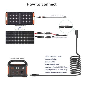 20Ft 14AWG Extension Cable,DC8mm extension cable with DC7909 to DC8020 adapter connectors, fit for most below 200W solar panel and Jackery Explorer 1000/500/300/240/1500/2000 portable power station