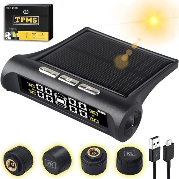 Tire Pressure Monitoring System Wireless TPMS Tire Pressure Monitor System with 4 External Sensors & 5 Alarm Modes, LCD Real-time Display, Auto Sleep Mode, Easy to Install, Solar & USB Charge