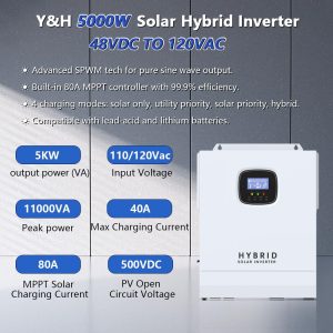 Y&H 5000W Solar Inverter AC120V to DC48V Pure Sine Wave Off-Grid Inverter with 80A MPPT Solar Controller, Max PV Input Power 6000W, Supports Lithium Battery BMS Communication,for Home,RV,and Truck