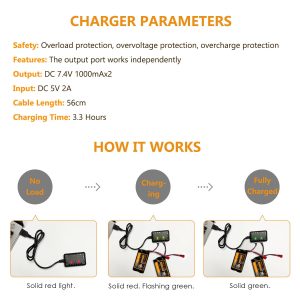 VICMILE 7.4V Li-ion Battery 3300mAh High Capacity RC Battery with Deans T Plug 2S Rechargeable Battery with 1 to 2 USB Charger Fit for WLtoys 4WD High Speed RC Cars Most 1/10, 1/12, 1/16 Scale Trucks