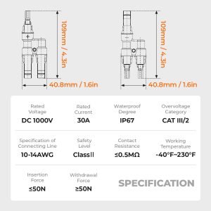 Pjerjzn Solar Panel Connector 2 to 1 Solar Y Branch Solar Panel Splitter 2 Way 1000V FMM+MFF Y Branch Solar Panel Parallel Connectors for Parallel Connection Between Solar Panels (1 Pair 2 to 1)