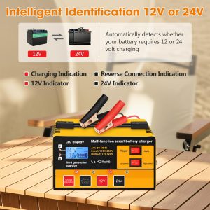 Car Battery Charger, Outerman 12V 24V Lead-Acid Battery Charger LCD Display Automatic Smart Battery Maintainer with Pulse Repair for Motorbike, Car, Boat, Lawn Mower (Orange Yellow)