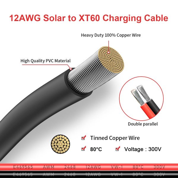 ELFCULB 12AWG Solar to XT60 Charging Cable Solar Panel Extension Cable for Portable Station River 600 Solar Generator(2FT)