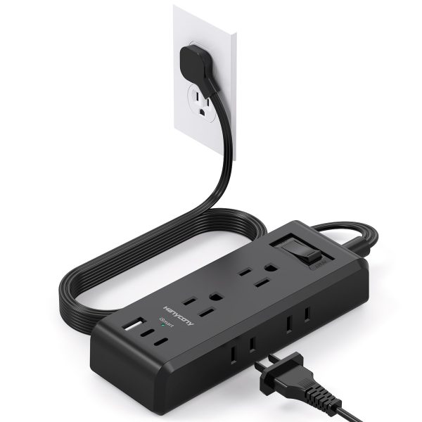 Cruise Essentials, Flat Plug Power Strip, 5ft Ultra Flat Extension Cord - 6 Outlets 3 USB Ports (2 USB C) Desktop Charging Station, No Surge Protection for Travel, Dorm Room Essentials, Black