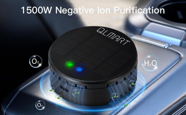 QLMART Vehicle Solar Air Purifier - Advanced Car Odor Eliminator with Negative Ion & Ozone, USB/Solar Powered, Auto Activation for Smoke, Pets, and Food Smells (Shadow Matte)