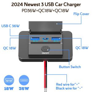 72W 12V USB Outlet Panel Wall Mount, 36W USB C and Dual QC 3.0 18W Car USB Port Charger Socket with Button Switch, Waterproof 3 USB Multi Port Power Outlet DIY 12V Accessories for Car Bus RV Truck