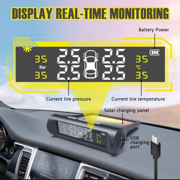 Tire Pressure Monitoring System Wireless TPMS Tire Pressure Monitor System with 4 External Sensors & 5 Alarm Modes, LCD Real-time Display, Auto Sleep Mode, Easy to Install, Solar & USB Charge