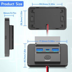 72W 12V USB Outlet Panel Wall Mount, 36W USB C and Dual QC 3.0 18W Car USB Port Charger Socket with Button Switch, Waterproof 3 USB Multi Port Power Outlet DIY 12V Accessories for Car Bus RV Truck