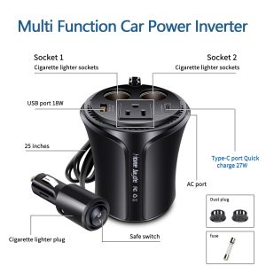 HomeJayde 150W Car Power Inverter DC 12v to 110v, AC Plug Adapter Outlet Converter, Car Mounted Power Adapter, 5 in 1 Cup Type Inverter with Type-C Port, USB Car Charger and 2 Car Power Adapter