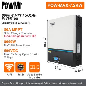 PowMr 8000W Solar Inverter 48V DC to 220V AC,8KW Pure Sine Wave Hybrid Inverter Charger Built-in 80A MPPT Controller, for 48V Lead-Acid/Lithium Batteries,Support 6 Units in Parallel