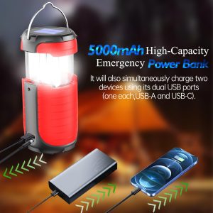 Battery Operated Camping Light Rechargeable, Manual Crank Generator/Solar Panel/USB-C Charging, 5000mAh Power Bank Foldable LED Tent Light, Power Outage, Outdoor Emergency Survival Essentials (Red)