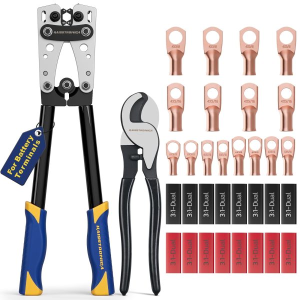 haisstronica Battery Cable Crimper Tool Kit for 8, 6, 4, 2, 1, 1/0 AWG Battery Terminals,Longer Handle Lug Crimping Tool with Cable Cutters and 32PCS Heavy Duty Wire Lugs,Heat Shrink Tubing