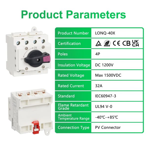 CNLonQcom Solar Isolator Disconnect Switch 32Amps DC 1200V breaker for Solar Power PV System Combiner Box Accessory (DIN Rail Mount, Lockable)