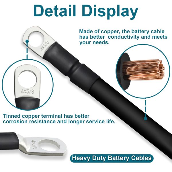 ZONBANG 8 AWG Battery Cable, 2 PCS Battery Cables with Terminals, Battery Cable Wire with 3/8 inch Terminals, Copper Marine Battery Cables, 2FT