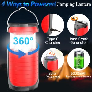 Battery Operated Camping Light Rechargeable, Manual Crank Generator/Solar Panel/USB-C Charging, 5000mAh Power Bank Foldable LED Tent Light, Power Outage, Outdoor Emergency Survival Essentials (Red)