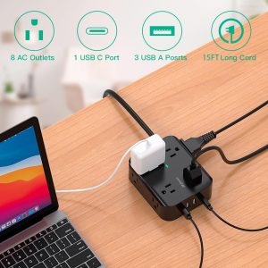 Extension Cord 15FT - 8 Outlets Power Strip Surge Protector with USB Ports, Heavy-Duty Braided Extension Cord, Flat Plug, 15A Circuit Breaker, Charging Station Overload Protection