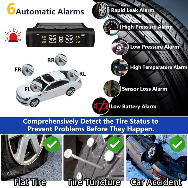 Tire Pressure Monitoring System Wireless TPMS Tire Pressure Monitor System with 4 External Sensors & 5 Alarm Modes, LCD Real-time Display, Auto Sleep Mode, Easy to Install, Solar & USB Charge