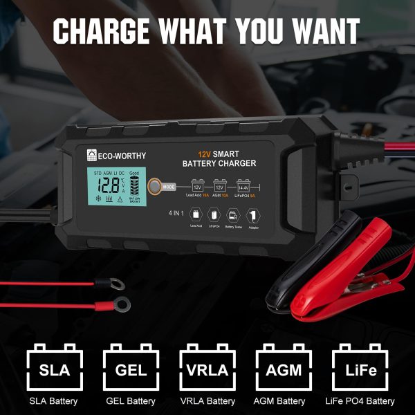 ECO-WORTHY 10-Amp 12V Smart Fully Automatic Battery Charger Maintainer Trickle Charger and Desulfator for Lead Acid, LiFePO4 Battery Car Motorcycle Marine