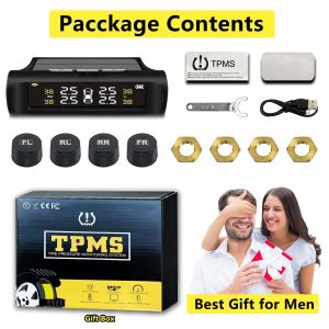 Tire Pressure Monitoring System Wireless TPMS Tire Pressure Monitor System with 4 External Sensors & 5 Alarm Modes, LCD Real-time Display, Auto Sleep Mode, Easy to Install, Solar & USB Charge