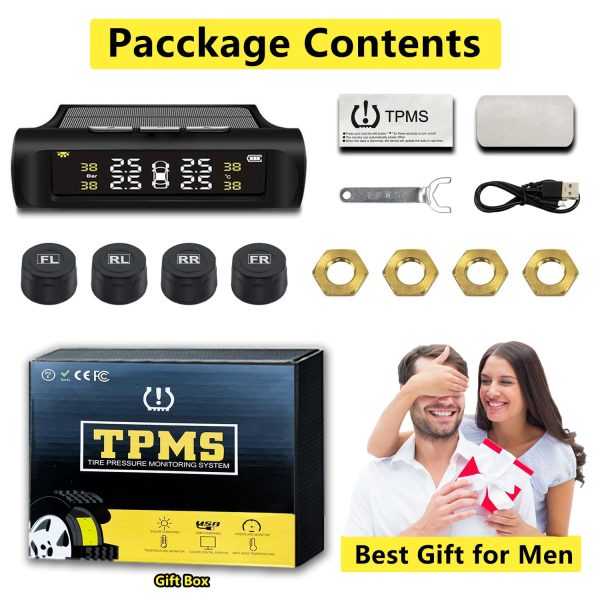 Tire Pressure Monitoring System Wireless TPMS Tire Pressure Monitor System with 4 External Sensors & 5 Alarm Modes, LCD Real-time Display, Auto Sleep Mode, Easy to Install, Solar & USB Charge