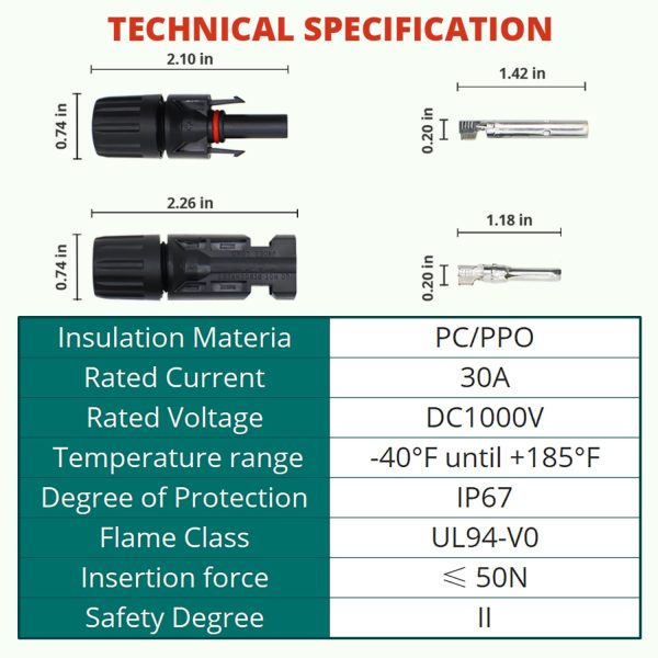 TOMSHIELE MC-4 connectors Solar cable connectors IP67 waterproof solar panel connector 10 pairs (male/female) solar cable connectors providing reliable PV solar power